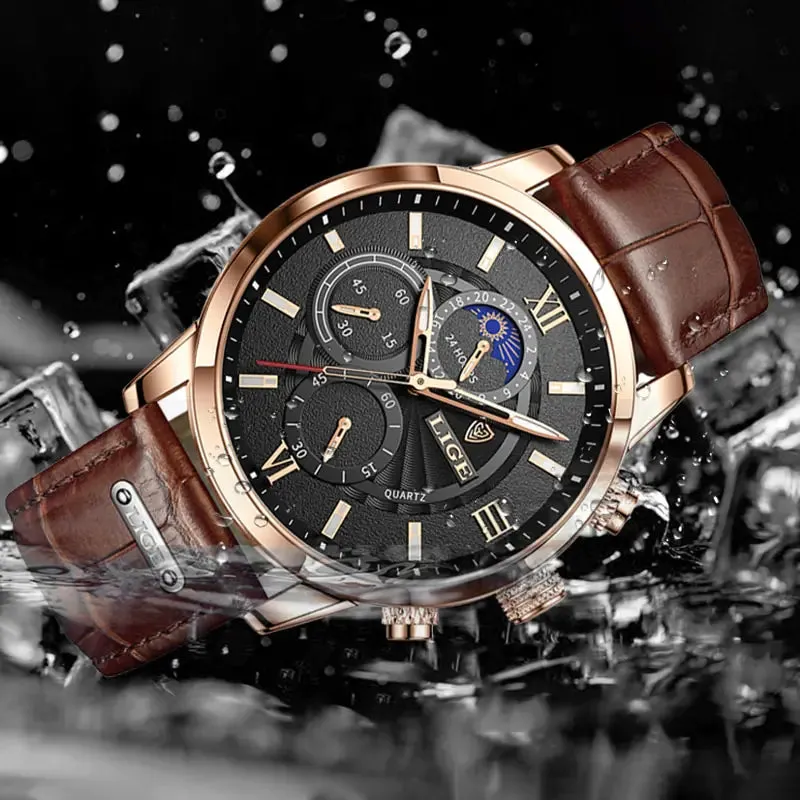 Men Watches - LIGE Luxury Leather Casual Quartz