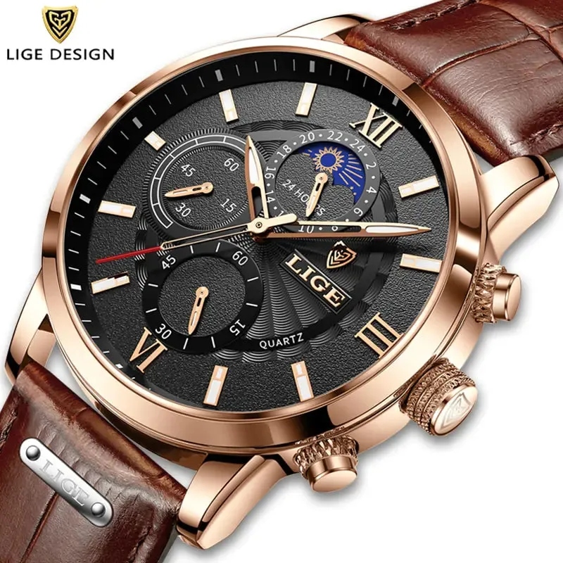 Men Watches - LIGE Luxury Leather Casual Quartz