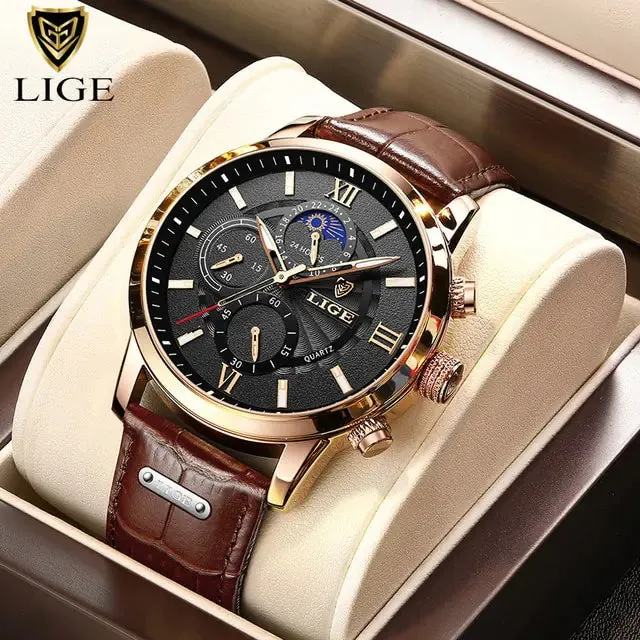 Men Watches - LIGE Luxury Leather Casual Quartz