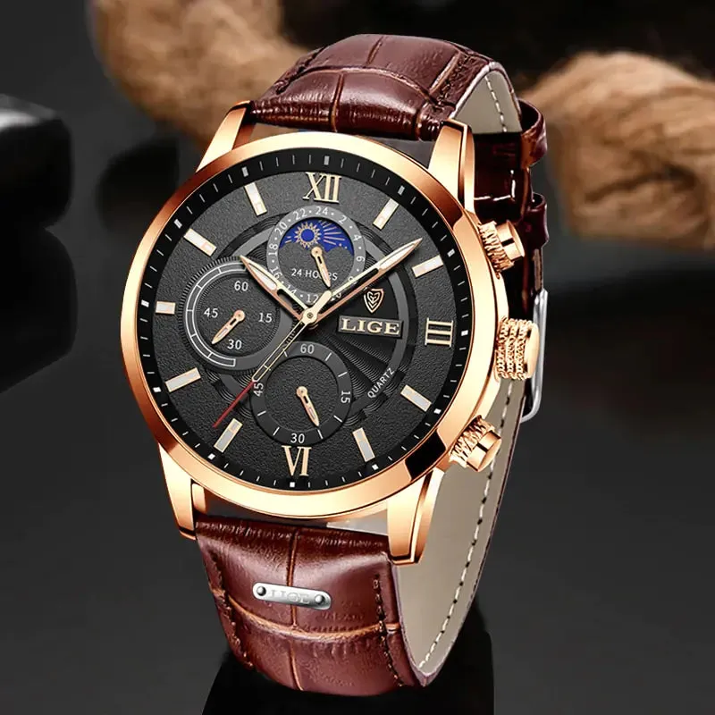 Men Watches - LIGE Luxury Leather Casual Quartz