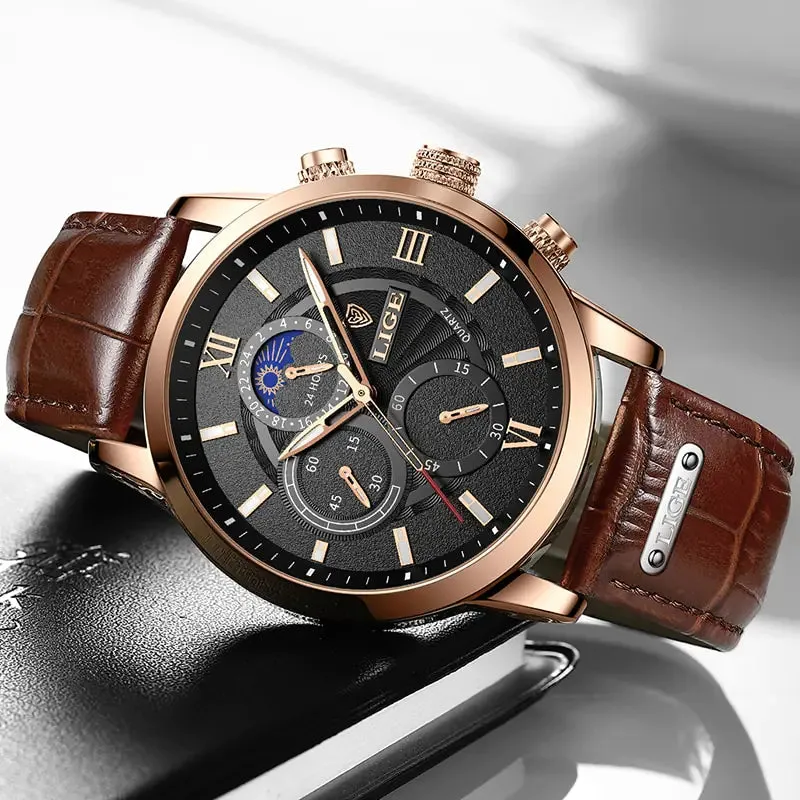 Men Watches - LIGE Luxury Leather Casual Quartz