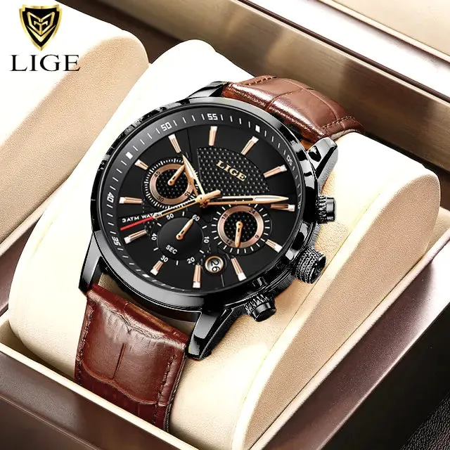 Men Watches - LIGE Luxury Leather Casual Quartz