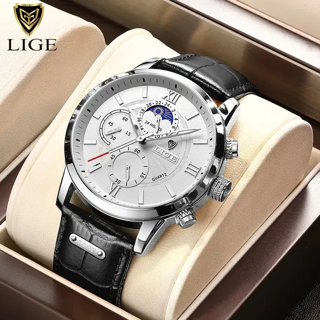 Men Watches - LIGE Luxury Leather Casual Quartz