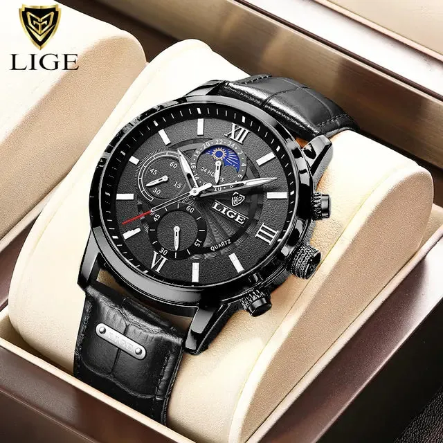 Men Watches - LIGE Luxury Leather Casual Quartz