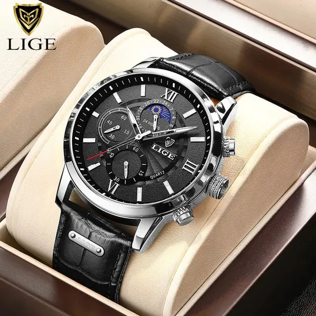Men Watches - LIGE Luxury Leather Casual Quartz