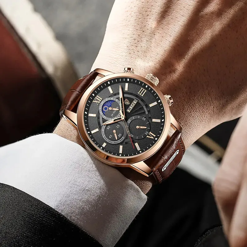 Men Watches - LIGE Luxury Leather Casual Quartz