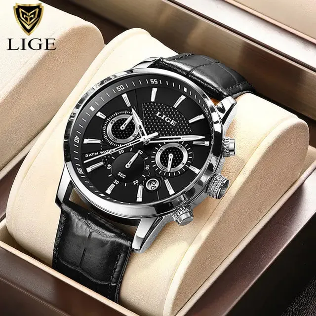Men Watches - LIGE Luxury Leather Casual Quartz