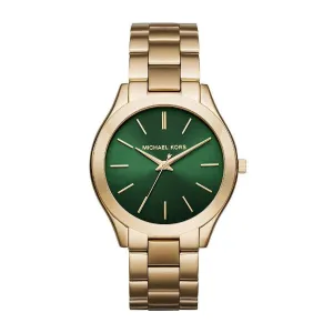 Michael Kors Slim Runway Gold Stainless Steel Green Dial Quartz Watch for Ladies - MK3435