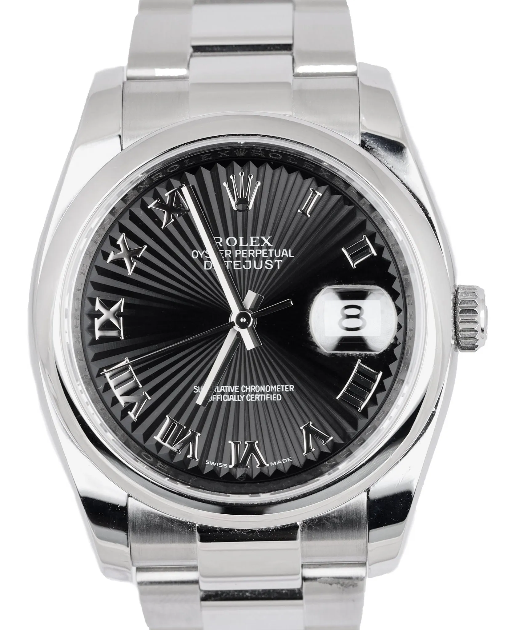 MINT 2008 DateJust 36 116200 SPIRAL DIAL Black Roman Stainless 36mm Oyster Watch