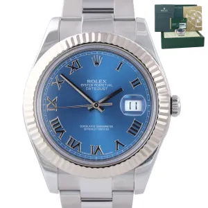 MINT 2014 PAPERS Rolex Datejust 2 BLUE ROMAN 41mm White Gold Fluted 116334 Watch