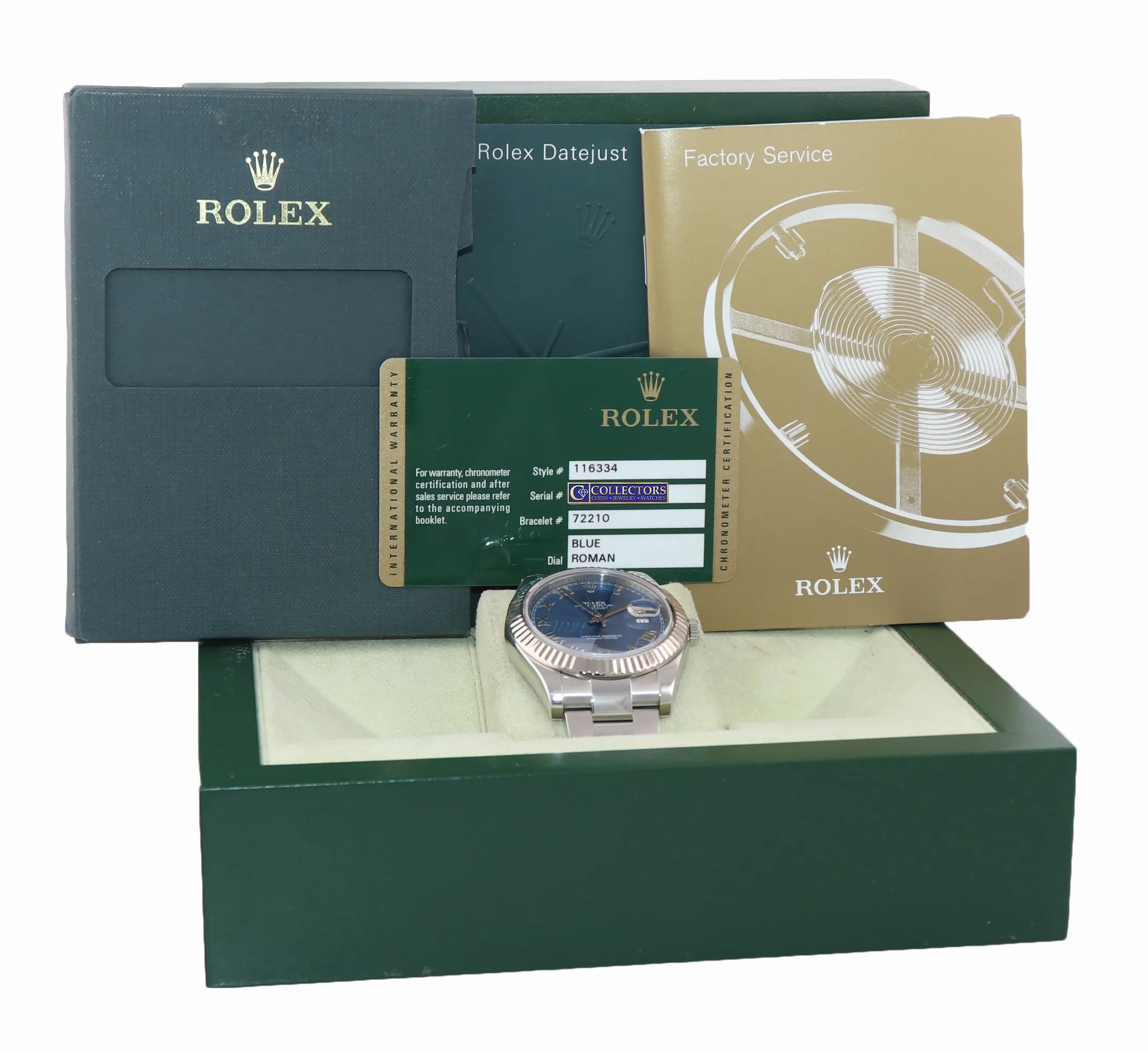 MINT 2014 PAPERS Rolex Datejust 2 BLUE ROMAN 41mm White Gold Fluted 116334 Watch