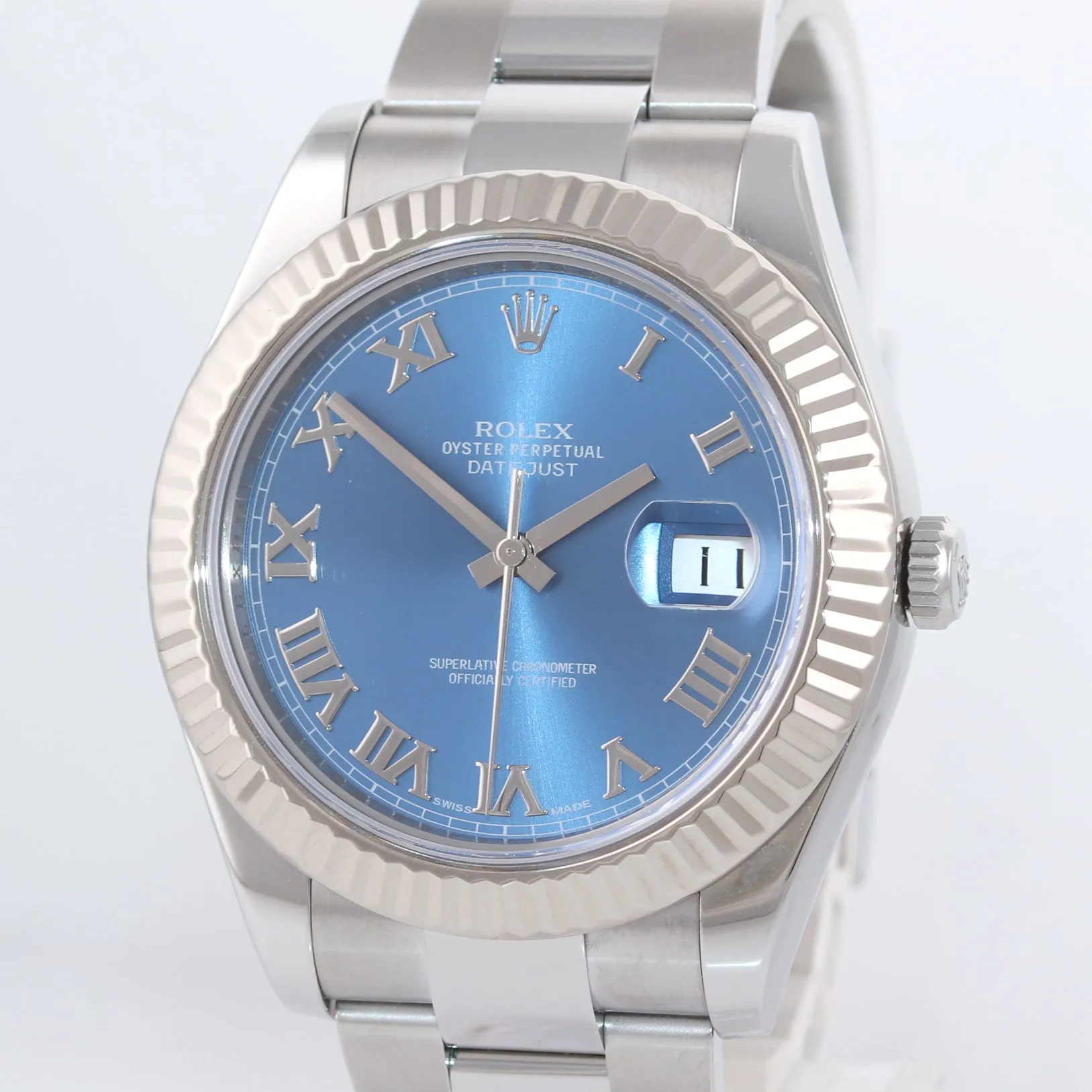 MINT 2014 PAPERS Rolex Datejust 2 BLUE ROMAN 41mm White Gold Fluted 116334 Watch