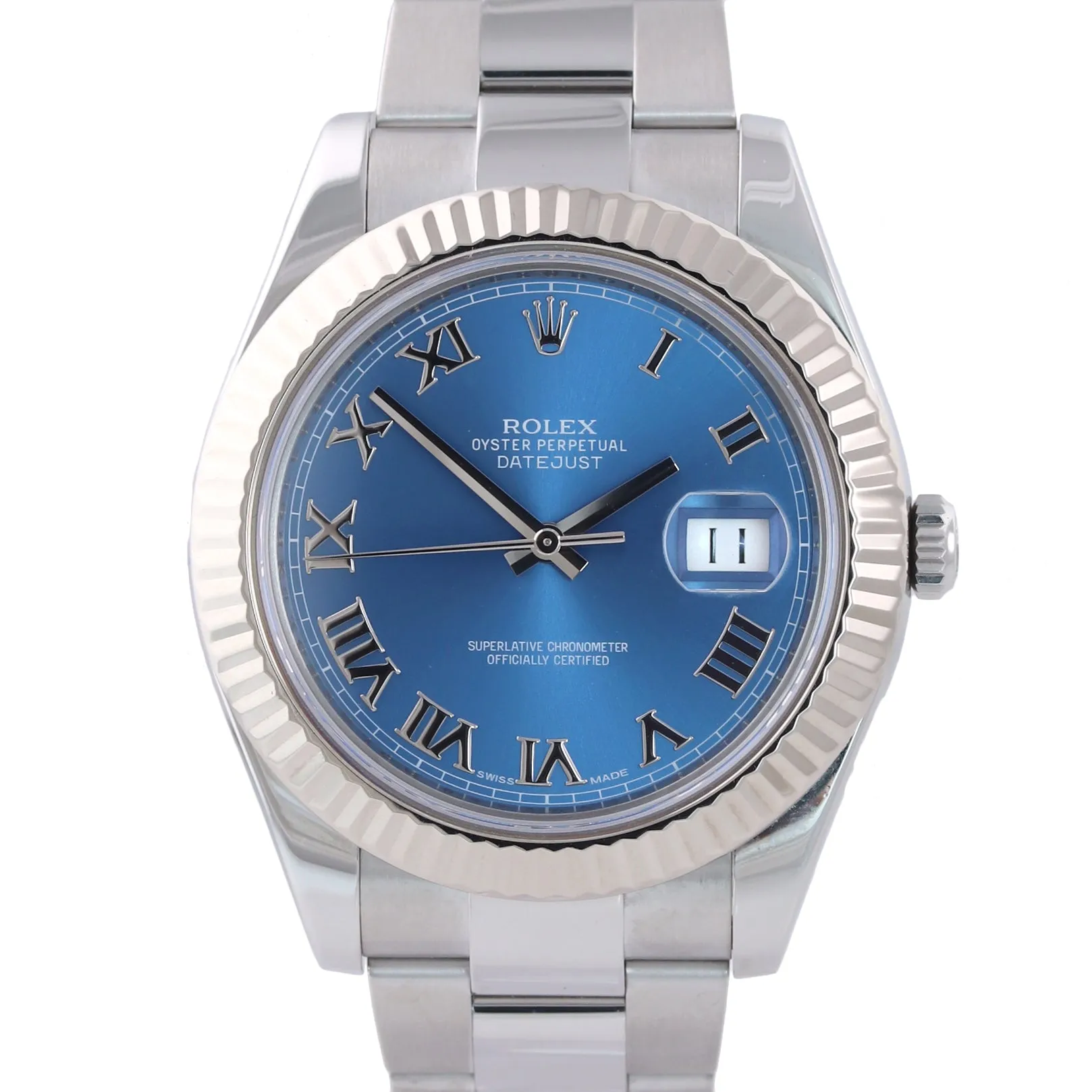 MINT 2014 PAPERS Rolex Datejust 2 BLUE ROMAN 41mm White Gold Fluted 116334 Watch