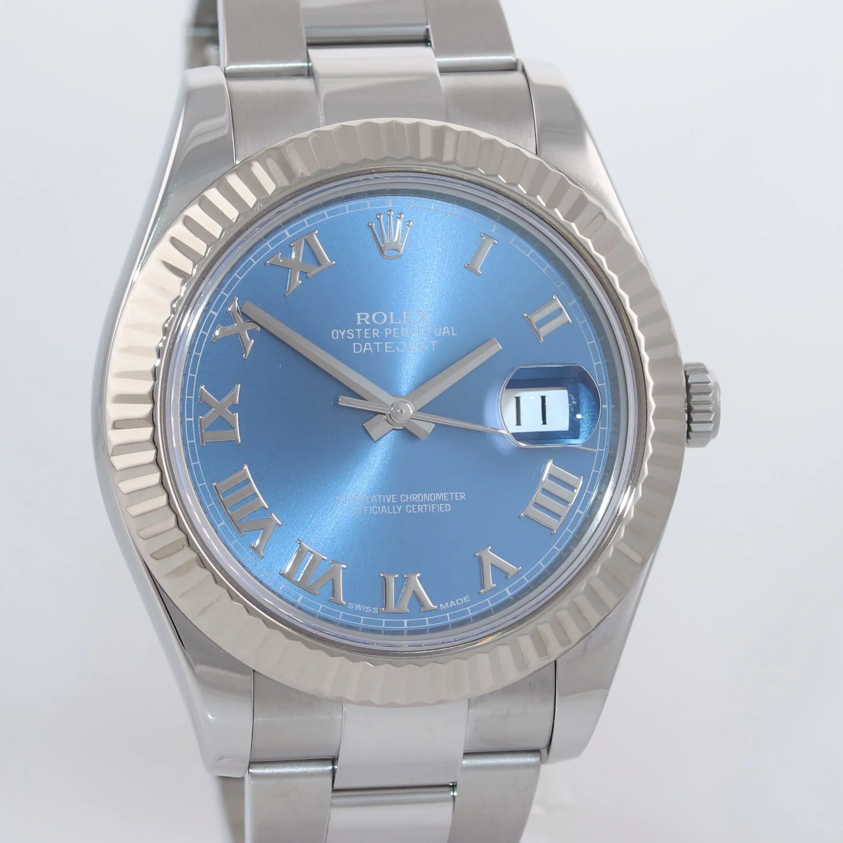 MINT 2014 PAPERS Rolex Datejust 2 BLUE ROMAN 41mm White Gold Fluted 116334 Watch