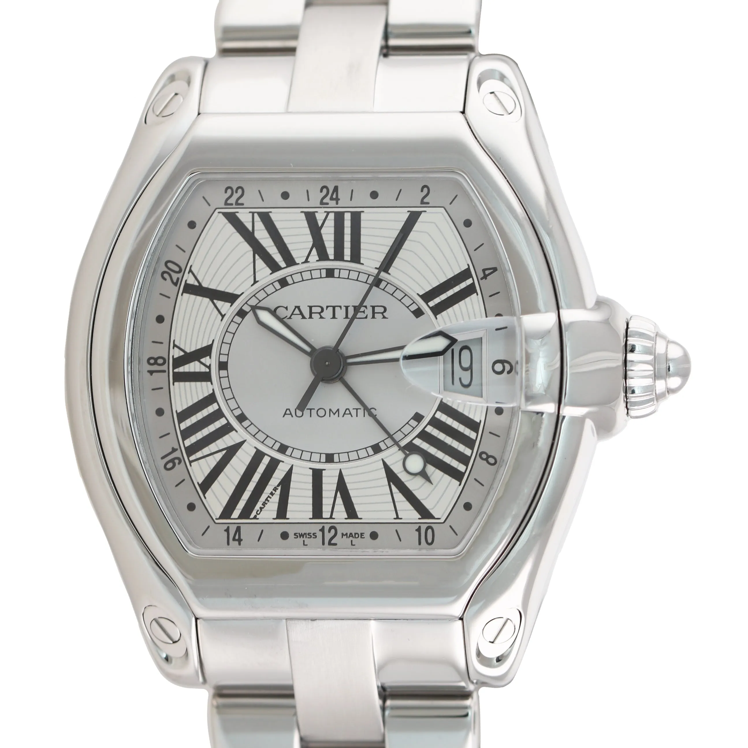 MINT Cartier Roadster XL GMT W62032X6 Silver Roman Automatic Steel Watch 2722