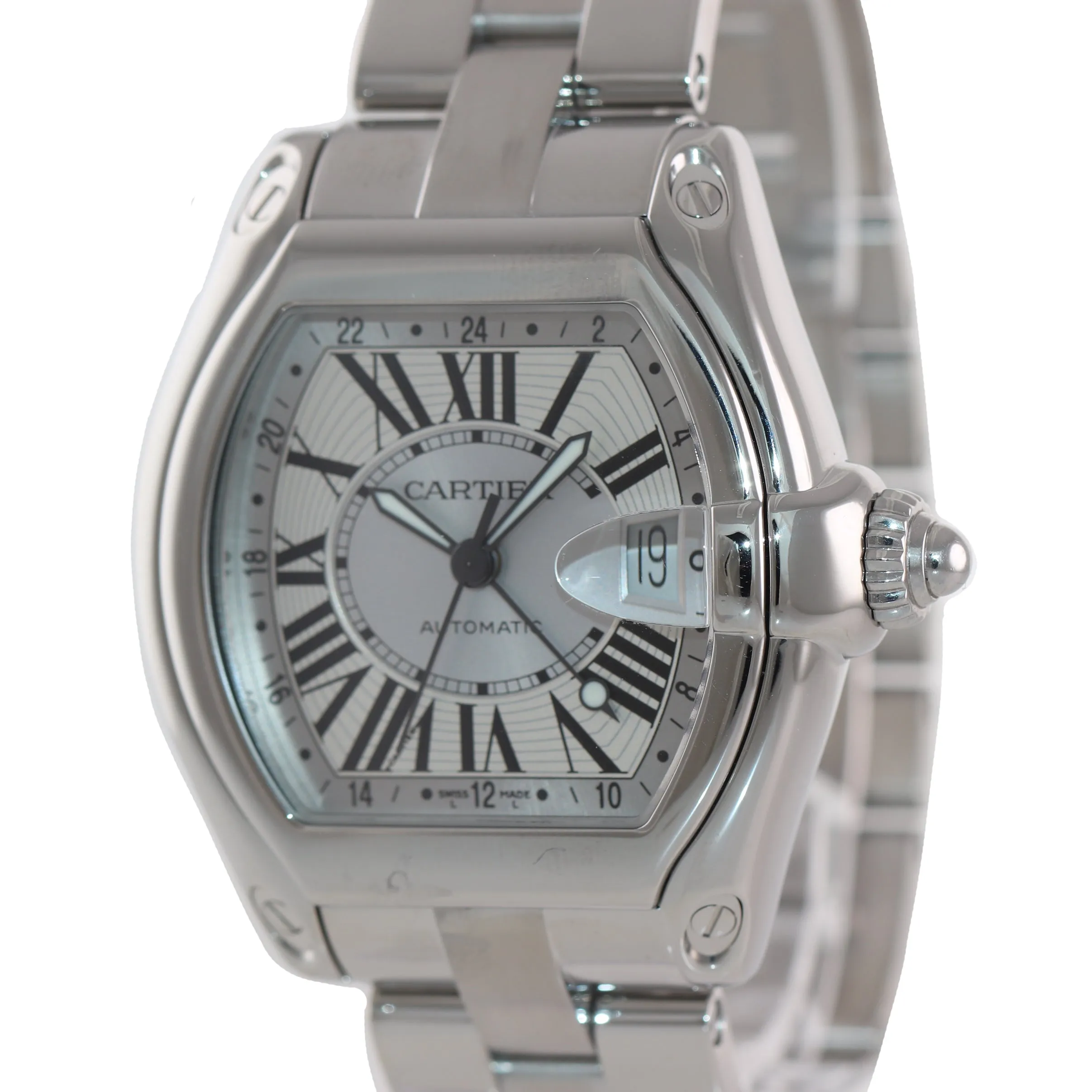 MINT Cartier Roadster XL GMT W62032X6 Silver Roman Automatic Steel Watch 2722