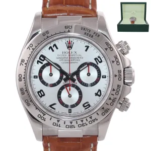 MINT Rolex Daytona 116519 Silver Racing Red Dial 18k White Gold Leather Watch