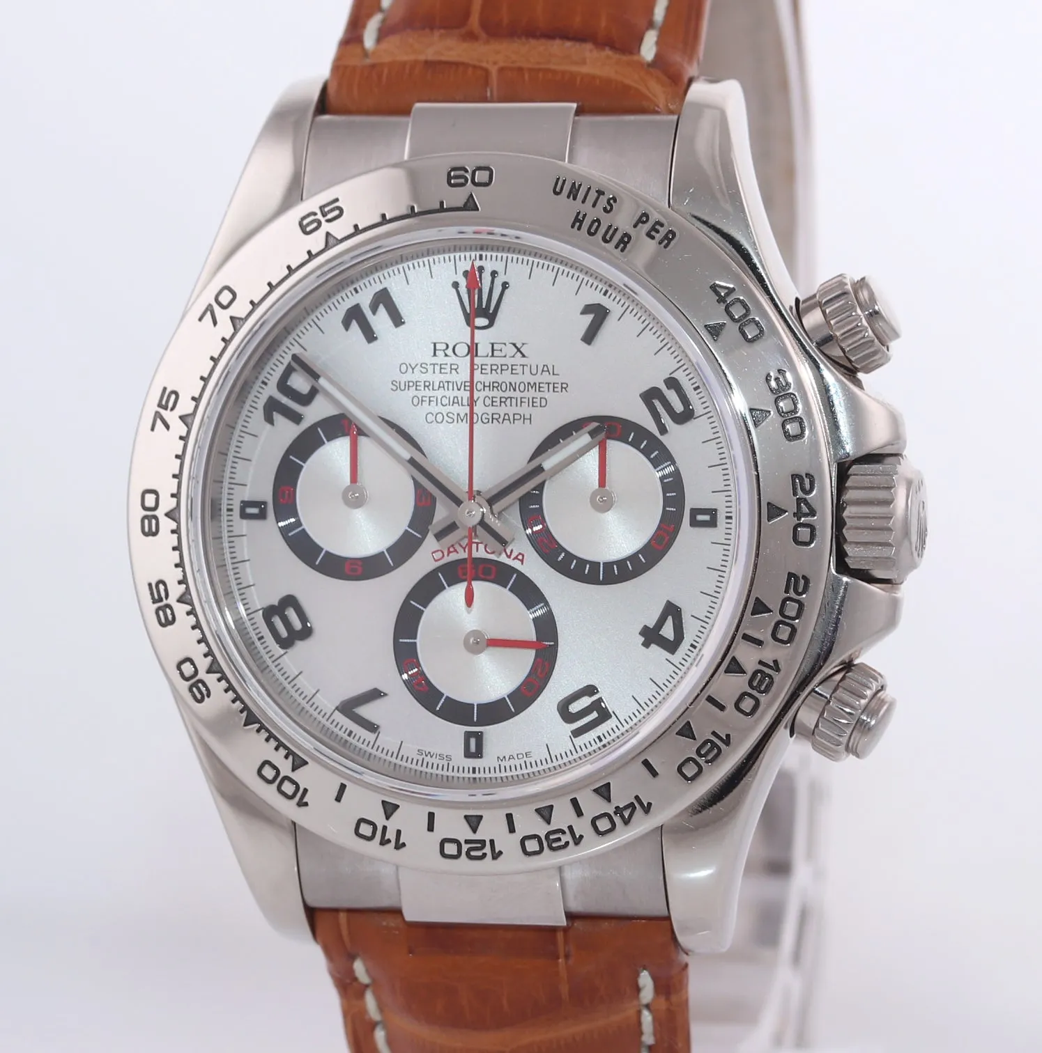 MINT Rolex Daytona 116519 Silver Racing Red Dial 18k White Gold Leather Watch
