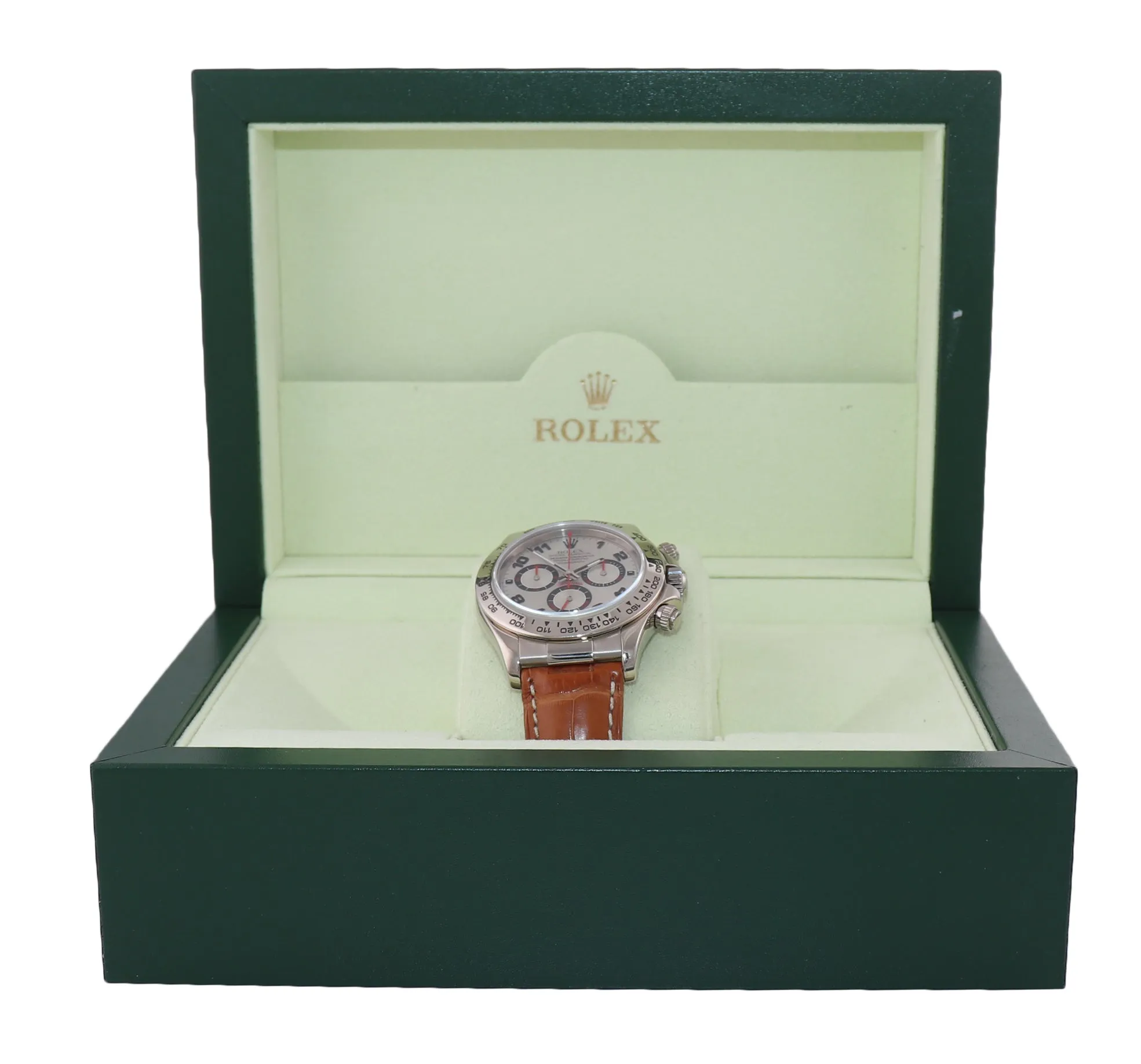 MINT Rolex Daytona 116519 Silver Racing Red Dial 18k White Gold Leather Watch