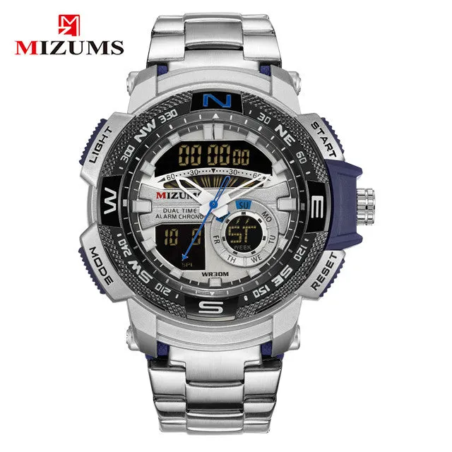 MIZUMS Military Wrist Watches LED Digital Sport Watch Men Gold Stainless Steel Band Dual Time Quartz Clock Man Relogio Masculino