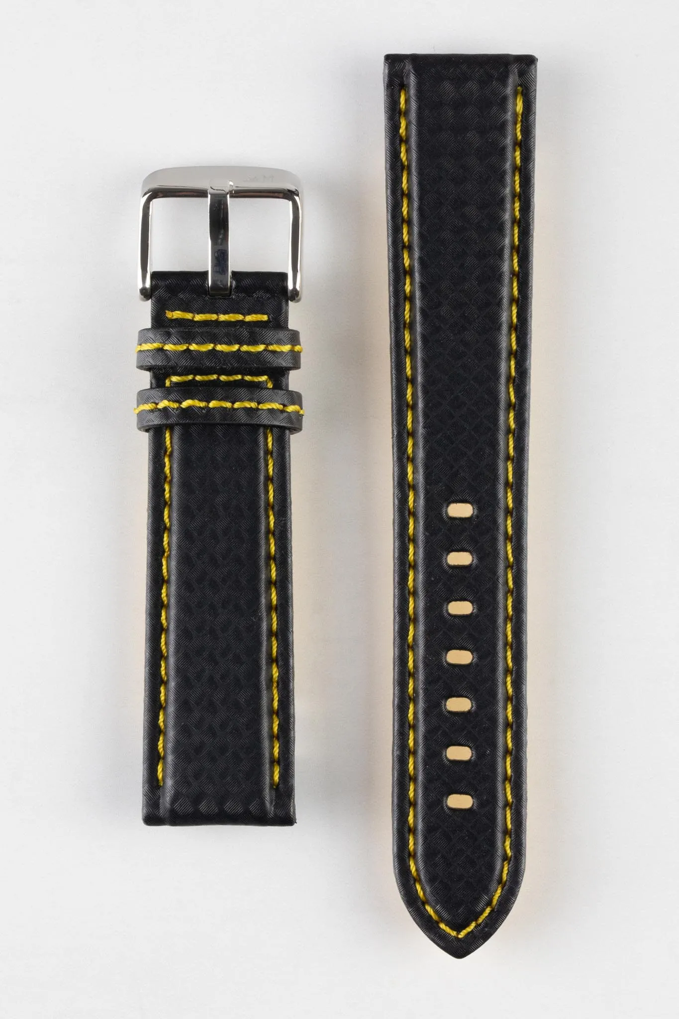 Morellato BIKING Carbon Fibre-Embossed Calfskin Leather Watch Strap in BLACK with YELLOW Stitching