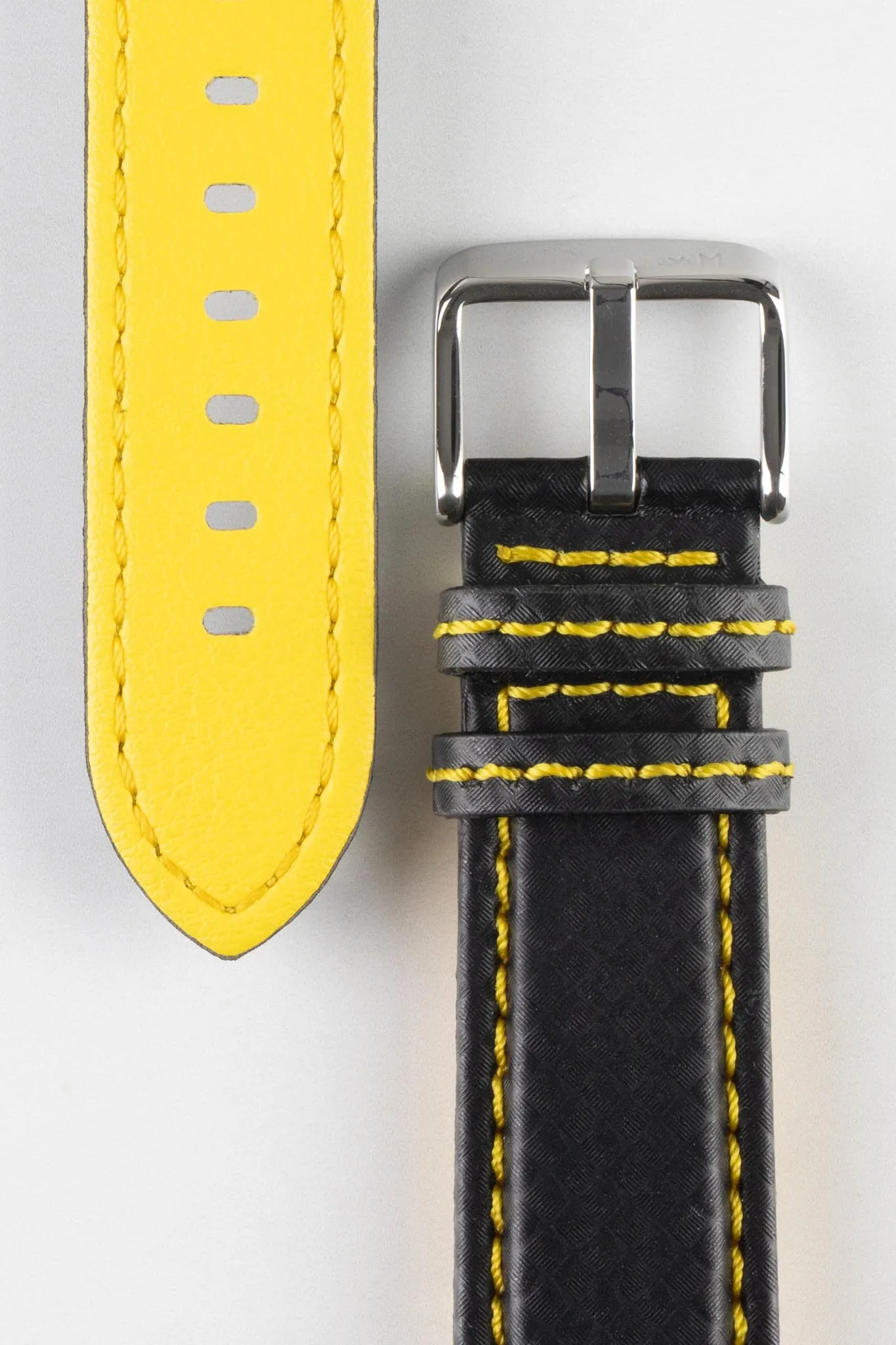 Morellato BIKING Carbon Fibre-Embossed Calfskin Leather Watch Strap in BLACK with YELLOW Stitching
