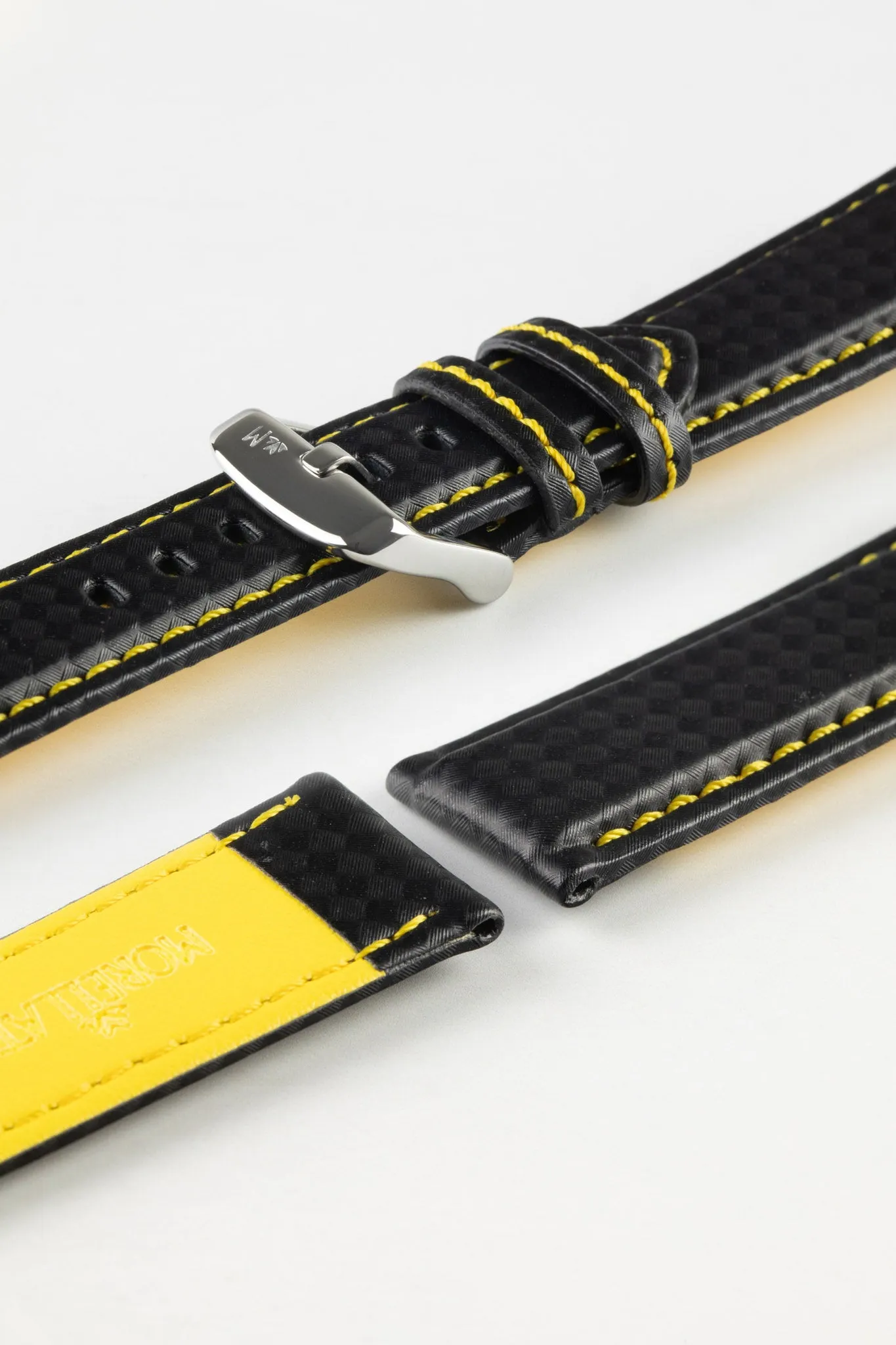 Morellato BIKING Carbon Fibre-Embossed Calfskin Leather Watch Strap in BLACK with YELLOW Stitching