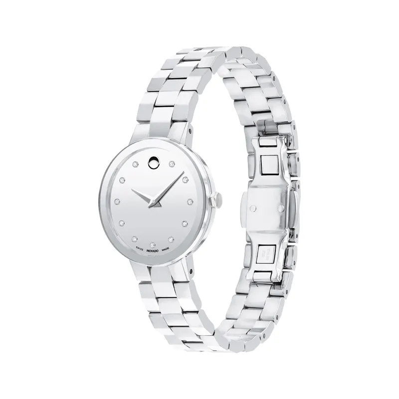 Movado Sapphire Ladies Stainless Steel Diamond and Silver Tone Dial Watch