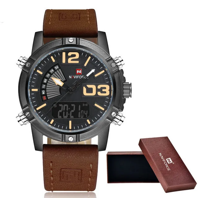 NAVIFORCE Men's Dual Display Quartz Watches Leather strap   origin box