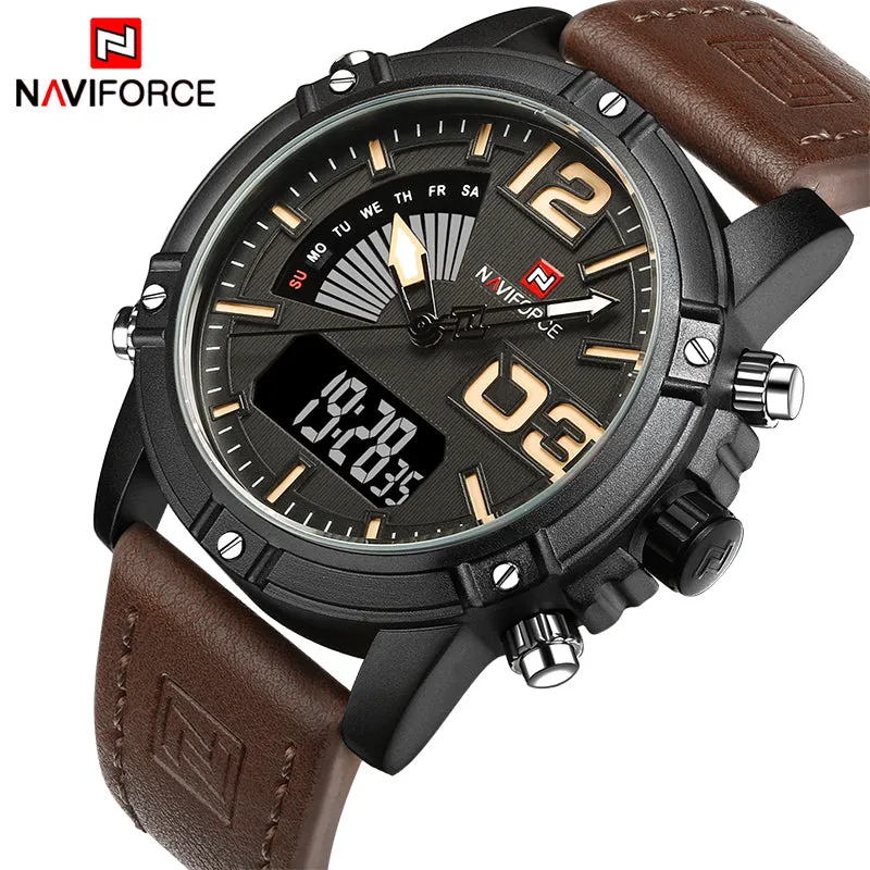 NAVIFORCE Men's Dual Display Quartz Watches Leather strap   origin box