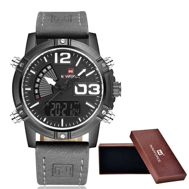 NAVIFORCE Men's Dual Display Quartz Watches Leather strap   origin box