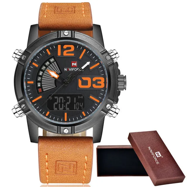 NAVIFORCE Men's Dual Display Quartz Watches Leather strap   origin box