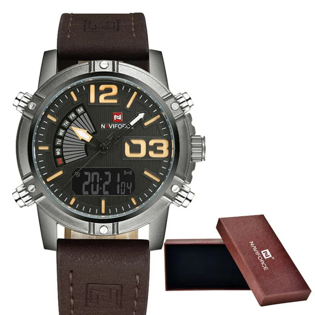 NAVIFORCE Men's Dual Display Quartz Watches Leather strap   origin box