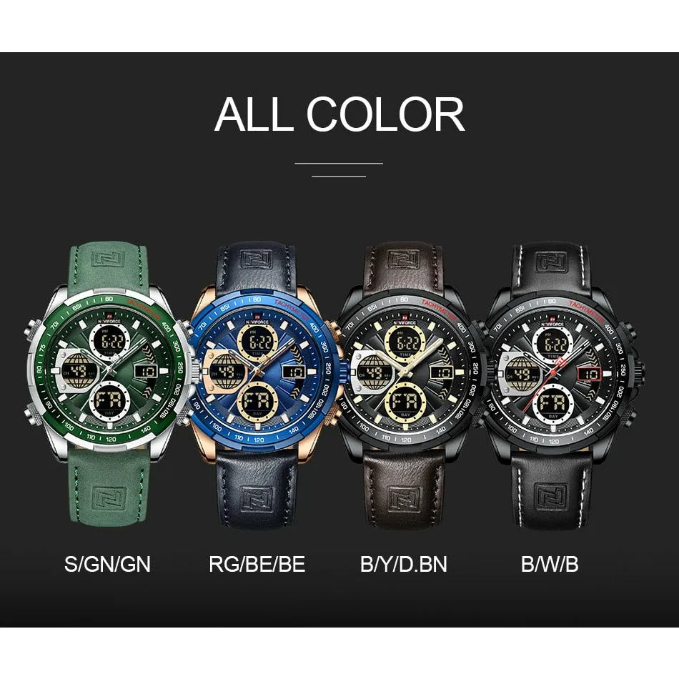 NAVIFORCE Military Watches for Men Luxury Genuine Leather Strap Sport WristWatch Waterproof Quartz Big Clock Digital Male Watch