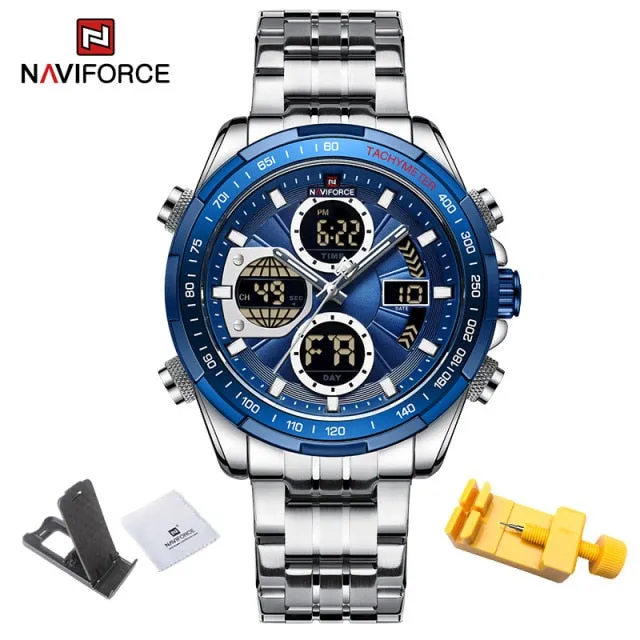 NAVIFORCE Military Watches for Men Luxury Genuine Leather Strap Sport WristWatch Waterproof Quartz Big Clock Digital Male Watch