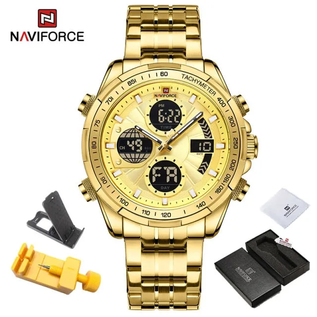 NAVIFORCE Military Watches for Men Luxury Genuine Leather Strap Sport WristWatch Waterproof Quartz Big Clock Digital Male Watch