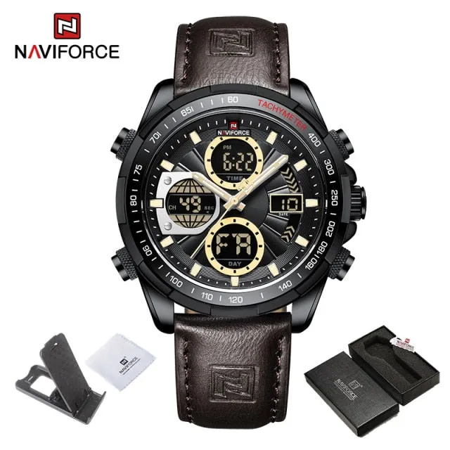 NAVIFORCE Military Watches for Men Luxury Genuine Leather Strap Sport WristWatch Waterproof Quartz Big Clock Digital Male Watch