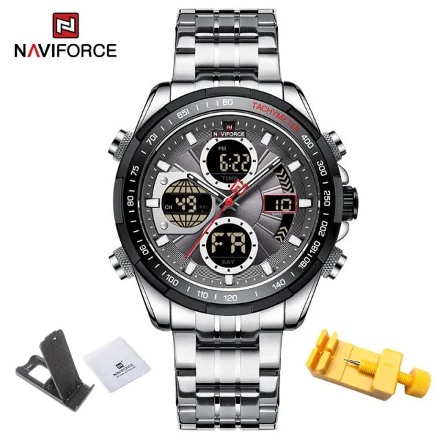 NAVIFORCE Military Watches for Men Luxury Genuine Leather Strap Sport WristWatch Waterproof Quartz Big Clock Digital Male Watch