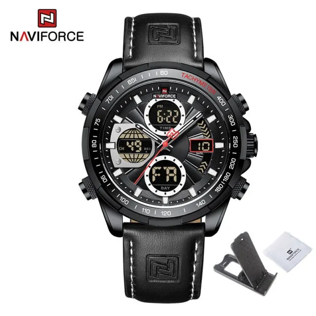 NAVIFORCE Military Watches for Men Luxury Genuine Leather Strap Sport WristWatch Waterproof Quartz Big Clock Digital Male Watch