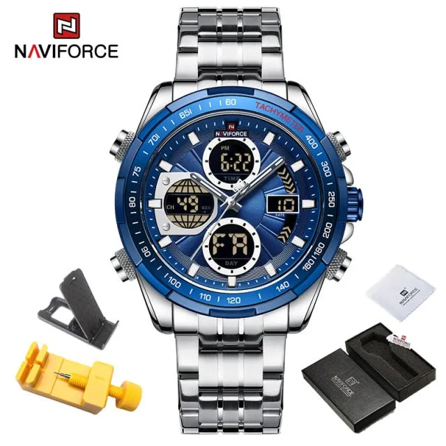 NAVIFORCE Military Watches for Men Luxury Genuine Leather Strap Sport WristWatch Waterproof Quartz Big Clock Digital Male Watch