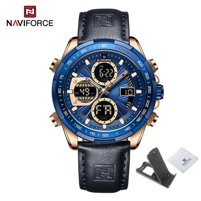 NAVIFORCE Military Watches for Men Luxury Genuine Leather Strap Sport WristWatch Waterproof Quartz Big Clock Digital Male Watch