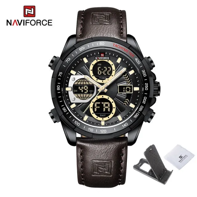 NAVIFORCE Military Watches for Men Luxury Genuine Leather Strap Sport WristWatch Waterproof Quartz Big Clock Digital Male Watch