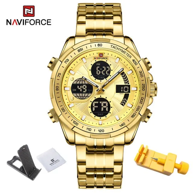 NAVIFORCE Military Watches for Men Luxury Genuine Leather Strap Sport WristWatch Waterproof Quartz Big Clock Digital Male Watch