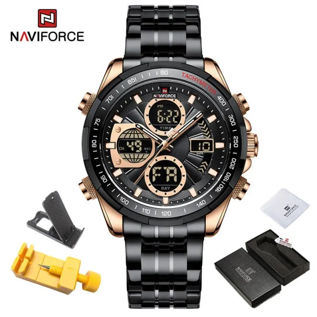 NAVIFORCE Military Watches for Men Luxury Genuine Leather Strap Sport WristWatch Waterproof Quartz Big Clock Digital Male Watch