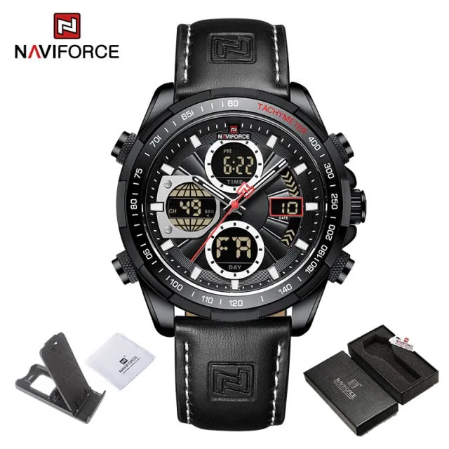 NAVIFORCE Military Watches for Men Luxury Genuine Leather Strap Sport WristWatch Waterproof Quartz Big Clock Digital Male Watch