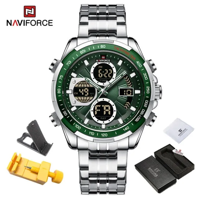 NAVIFORCE Military Watches for Men Luxury Genuine Leather Strap Sport WristWatch Waterproof Quartz Big Clock Digital Male Watch