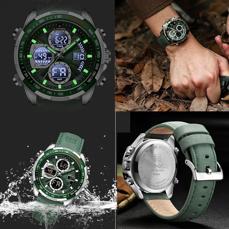 NAVIFORCE Military Watches for Men Luxury Genuine Leather Strap Sport WristWatch Waterproof Quartz Big Clock Digital Male Watch