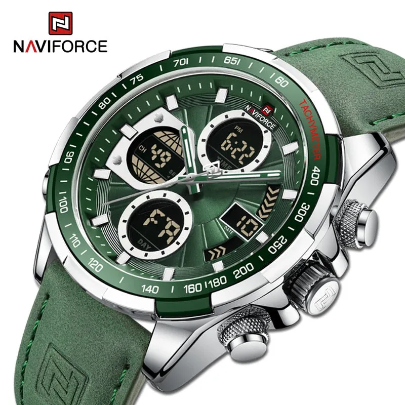 NAVIFORCE Military Watches for Men Luxury Genuine Leather Strap Sport WristWatch Waterproof Quartz Big Clock Digital Male Watch