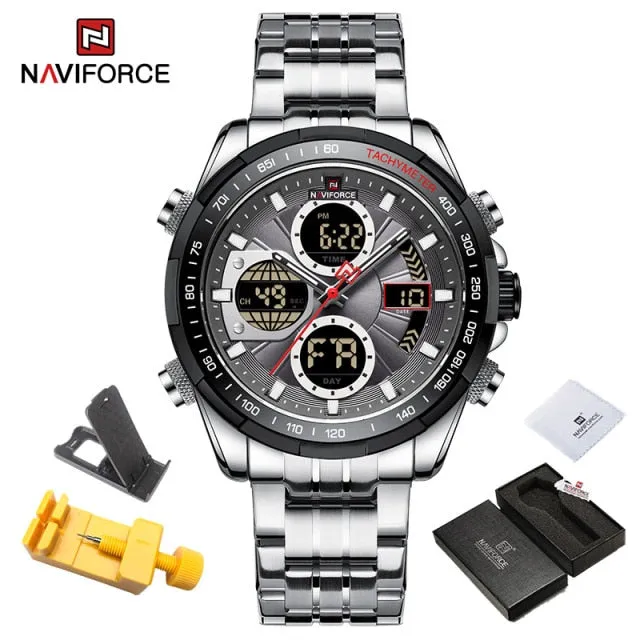 NAVIFORCE Military Watches for Men Luxury Genuine Leather Strap Sport WristWatch Waterproof Quartz Big Clock Digital Male Watch