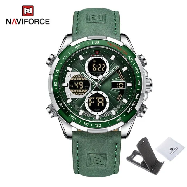 NAVIFORCE Military Watches for Men Luxury Genuine Leather Strap Sport WristWatch Waterproof Quartz Big Clock Digital Male Watch